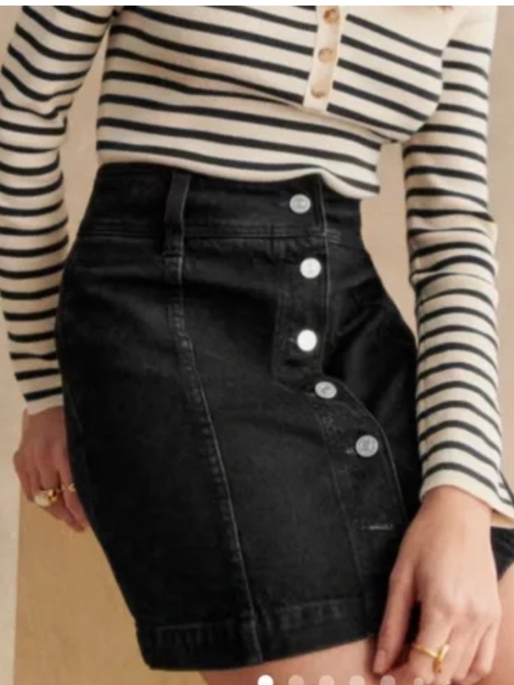 Sezane Black High-Rise Denim Mini Skirt with Button Detail